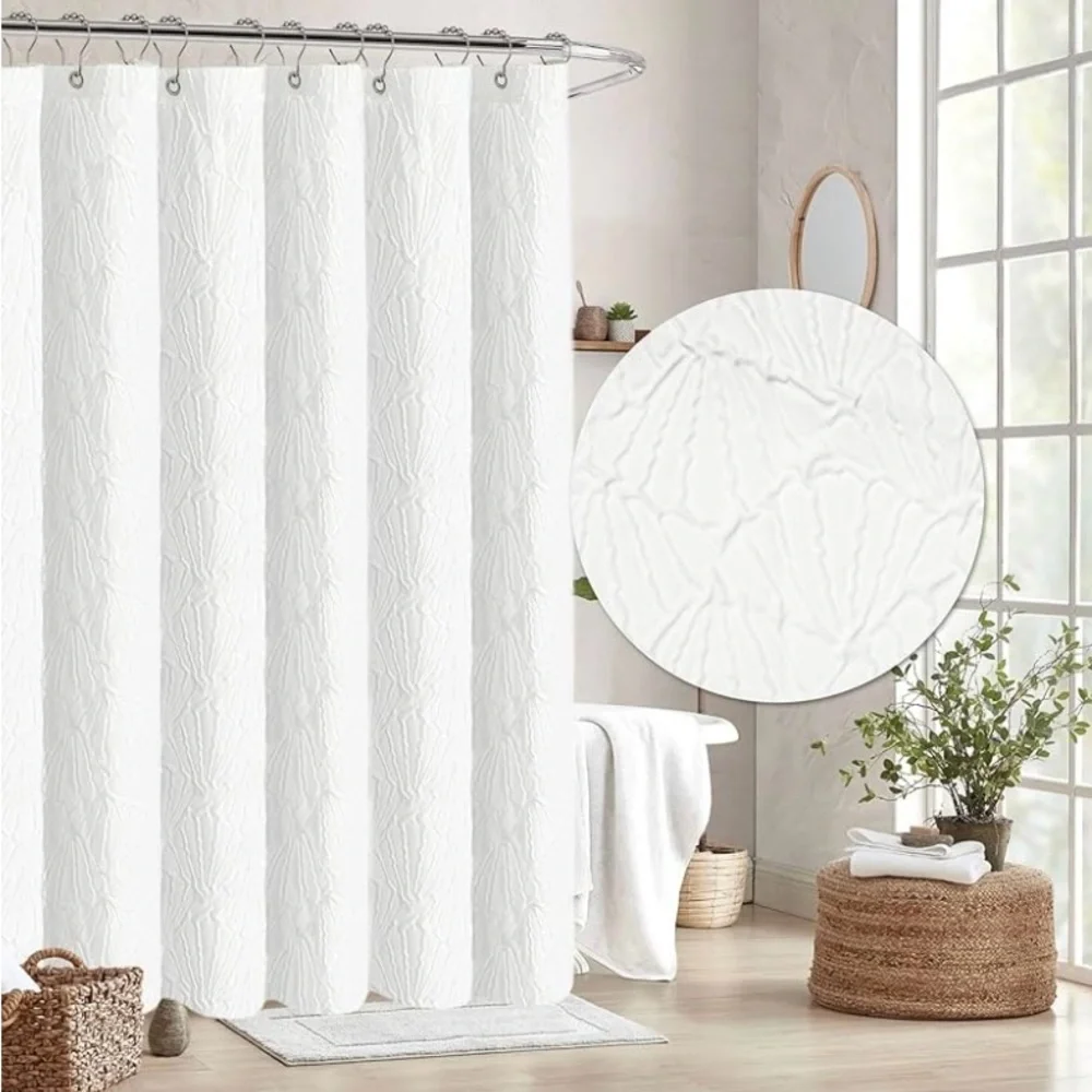 NWOT NEW White Scallop Shaped Textured Shower Curtain Coastal Water Resistant